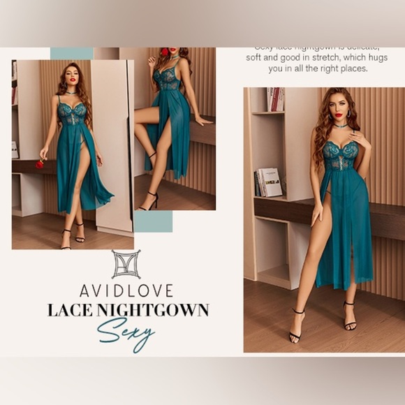 Avidlove Sexy Lingerie for Women Lace Mesh Sleepwear Side Split V Neck Nightgown - Picture 6 of 8